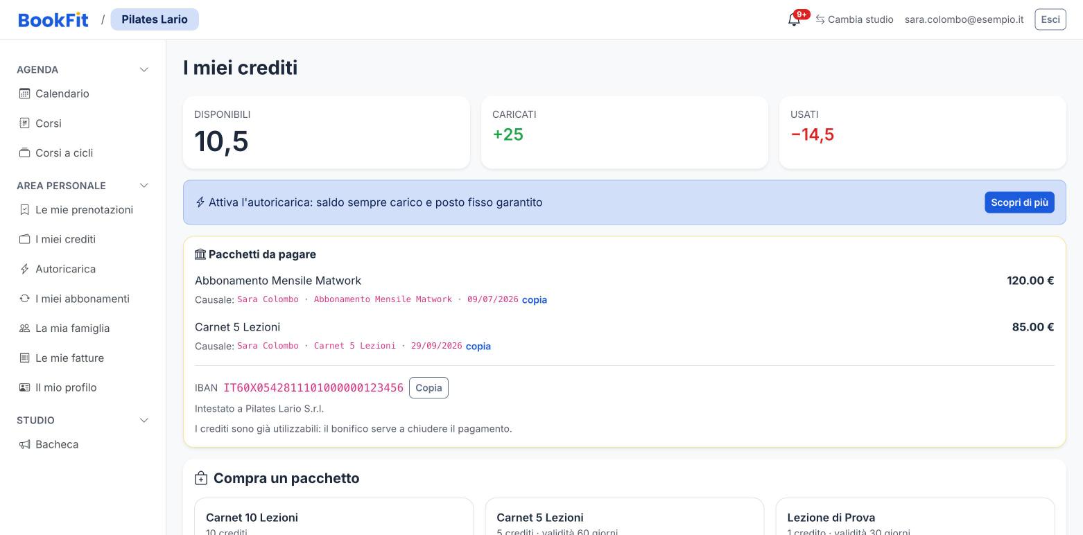 Istruzioni di pagamento per l’allievo: importo, causale e IBAN da copiare