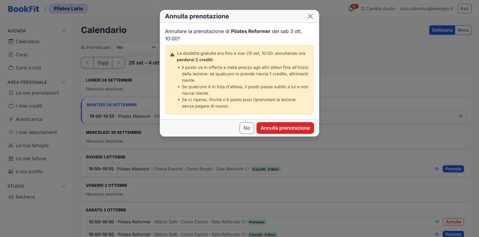 Finestra «Annulla prenotazione» con l’avviso sui crediti persi e su quelli che può riavere