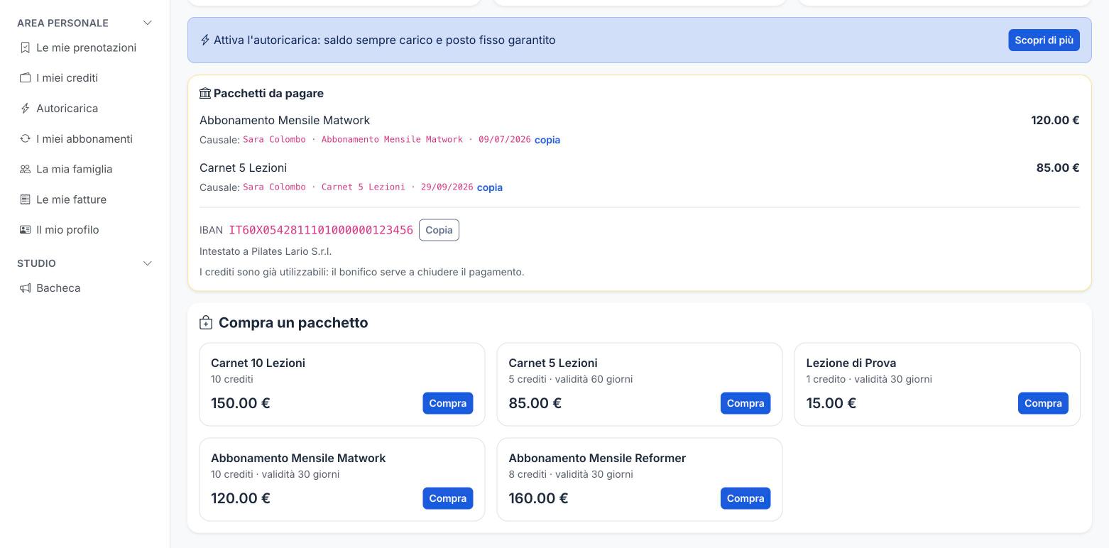 Pagina «I miei crediti» con i pacchetti da pagare con bonifico e quelli da comprare