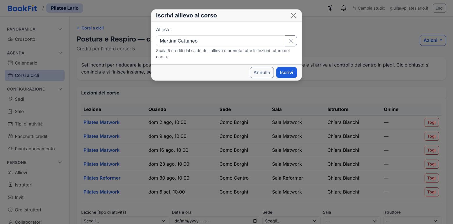 Finestra «Iscrivi allievo al corso» con la scelta dell’allievo