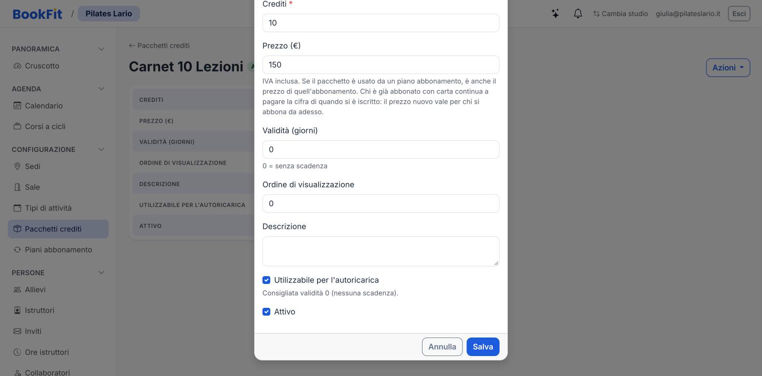 Scheda di un pacchetto crediti con la spunta «Utilizzabile per l’autoricarica»