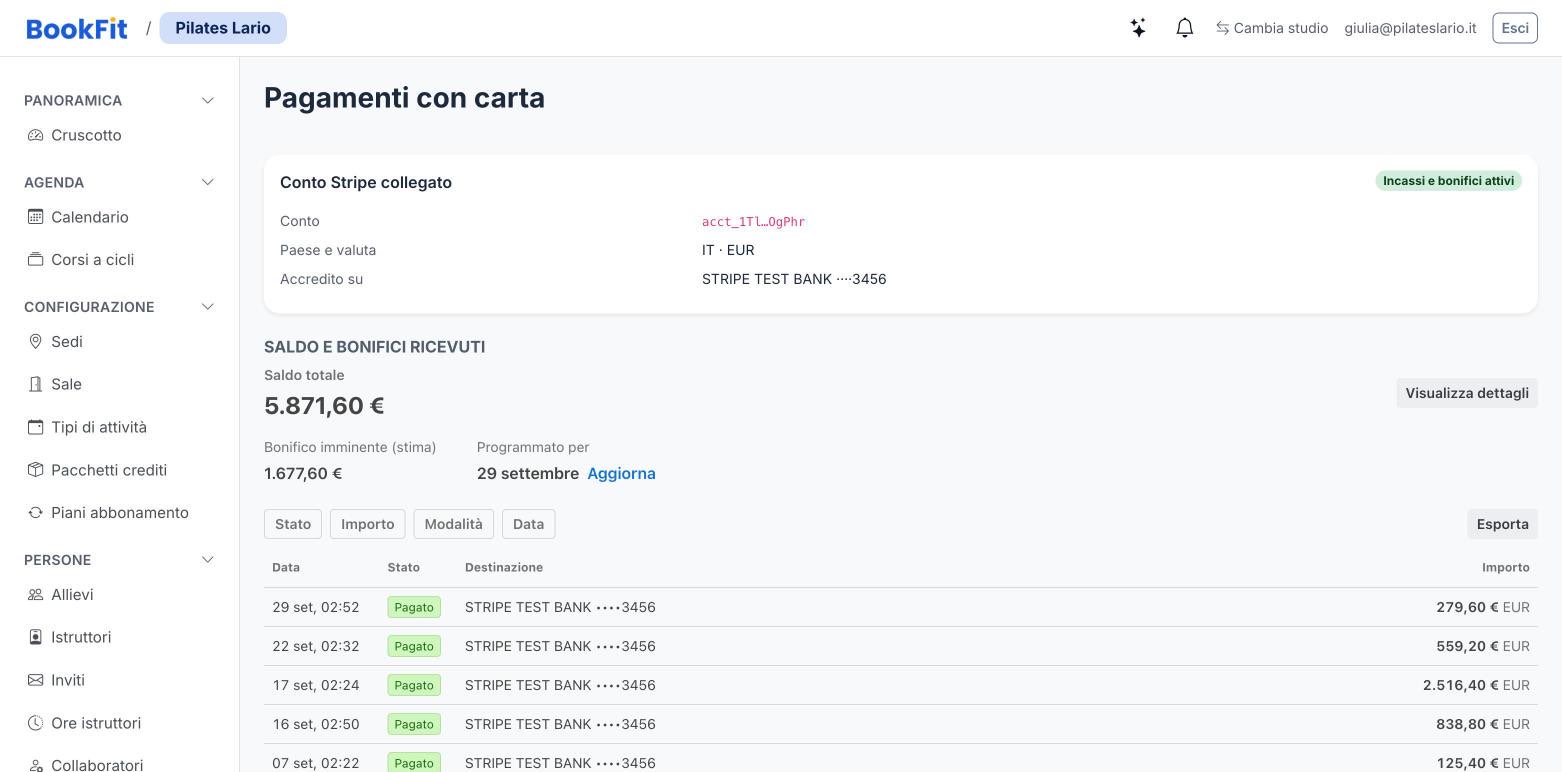 Pagina Pagamenti con il conto collegato, il saldo e il prossimo bonifico verso il conto dello studio