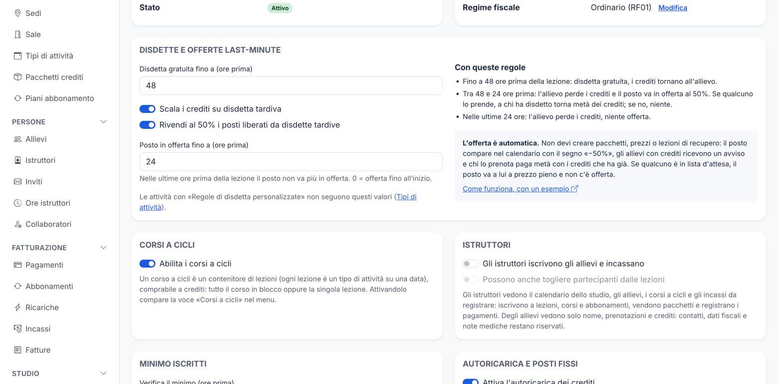 Impostazioni dello studio: riquadro delle disdette e offerte last-minute, con le regole spiegate in parole
