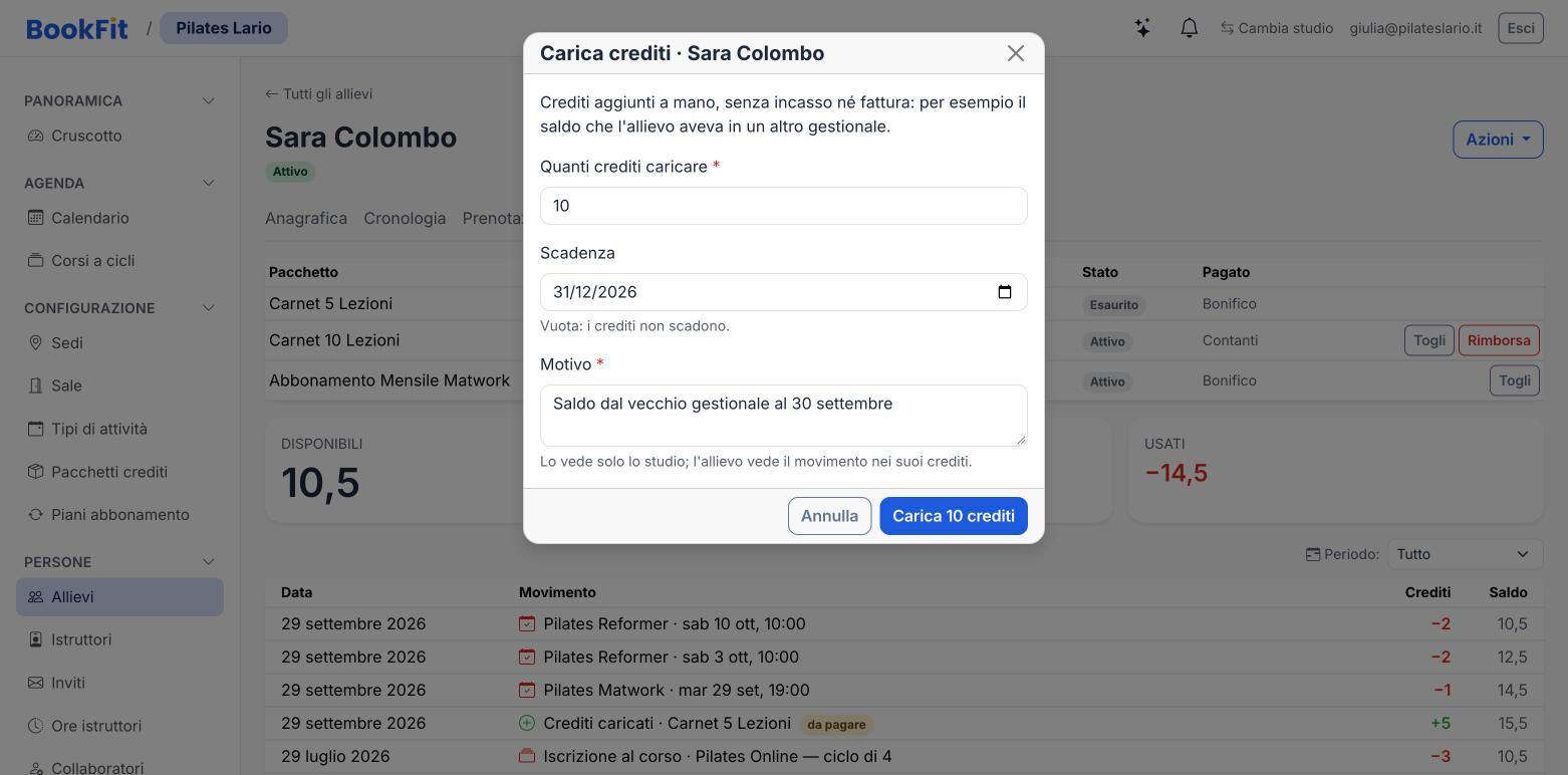 Finestra «Carica crediti» con il numero di crediti, la scadenza e il motivo