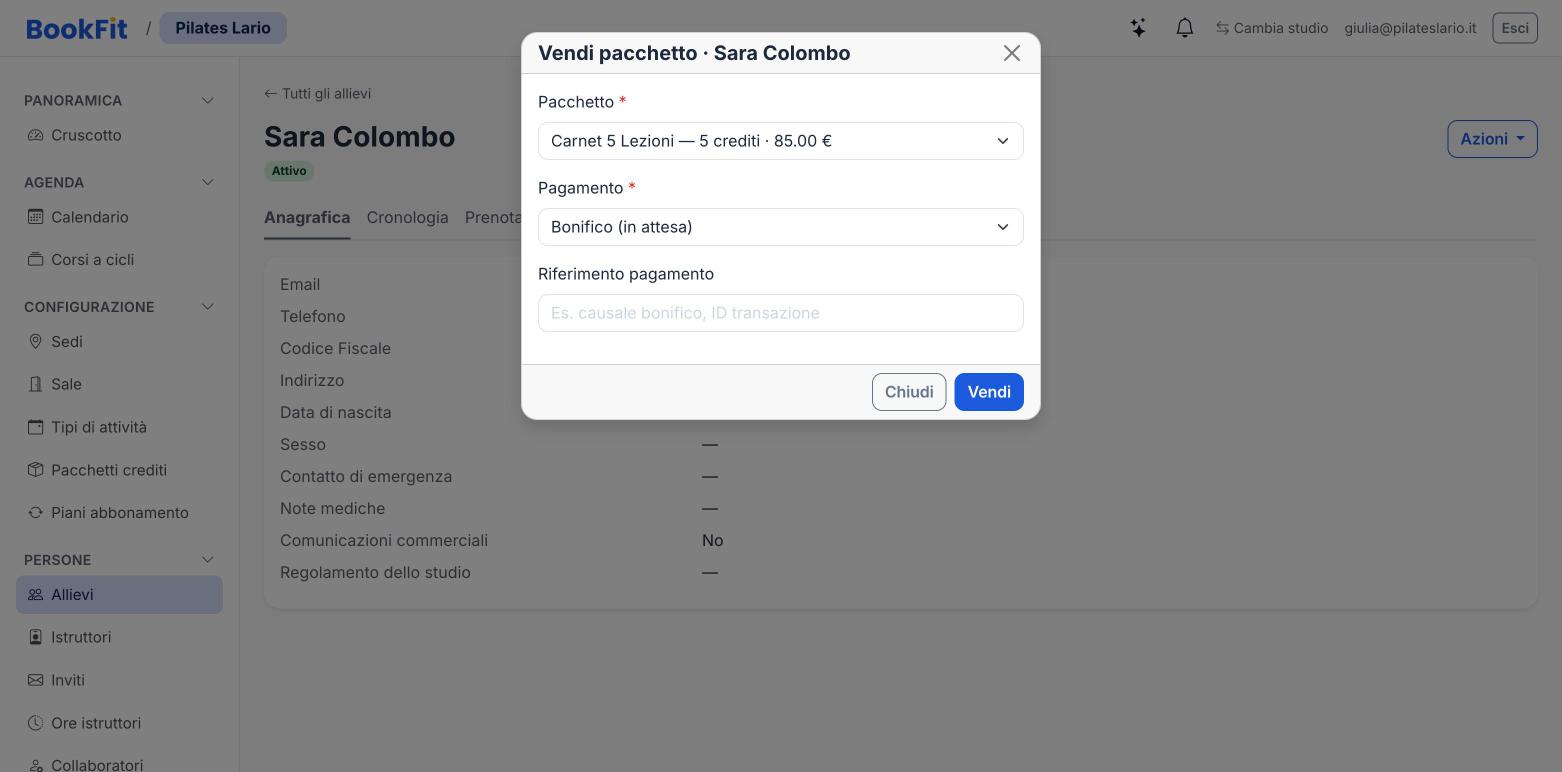 Finestra «Vendi pacchetto» con la scelta del pacchetto e del modo di pagamento