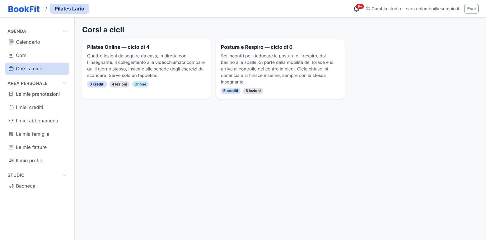 Catalogo dei corsi a cicli visto dall’allievo, con crediti, numero di lezioni e indicazione Online