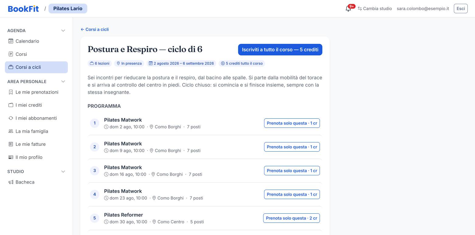 Scheda di un corso a cicli in BookFit, con il programma delle lezioni e il prezzo dell’intero ciclo