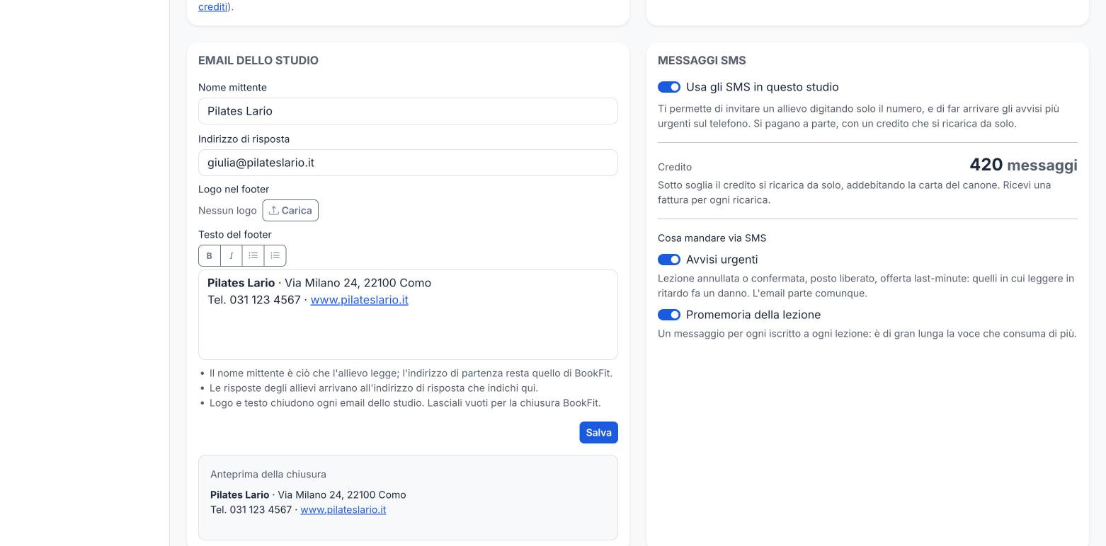 Impostazioni dello studio: identità delle email e credito dei messaggi sul telefono