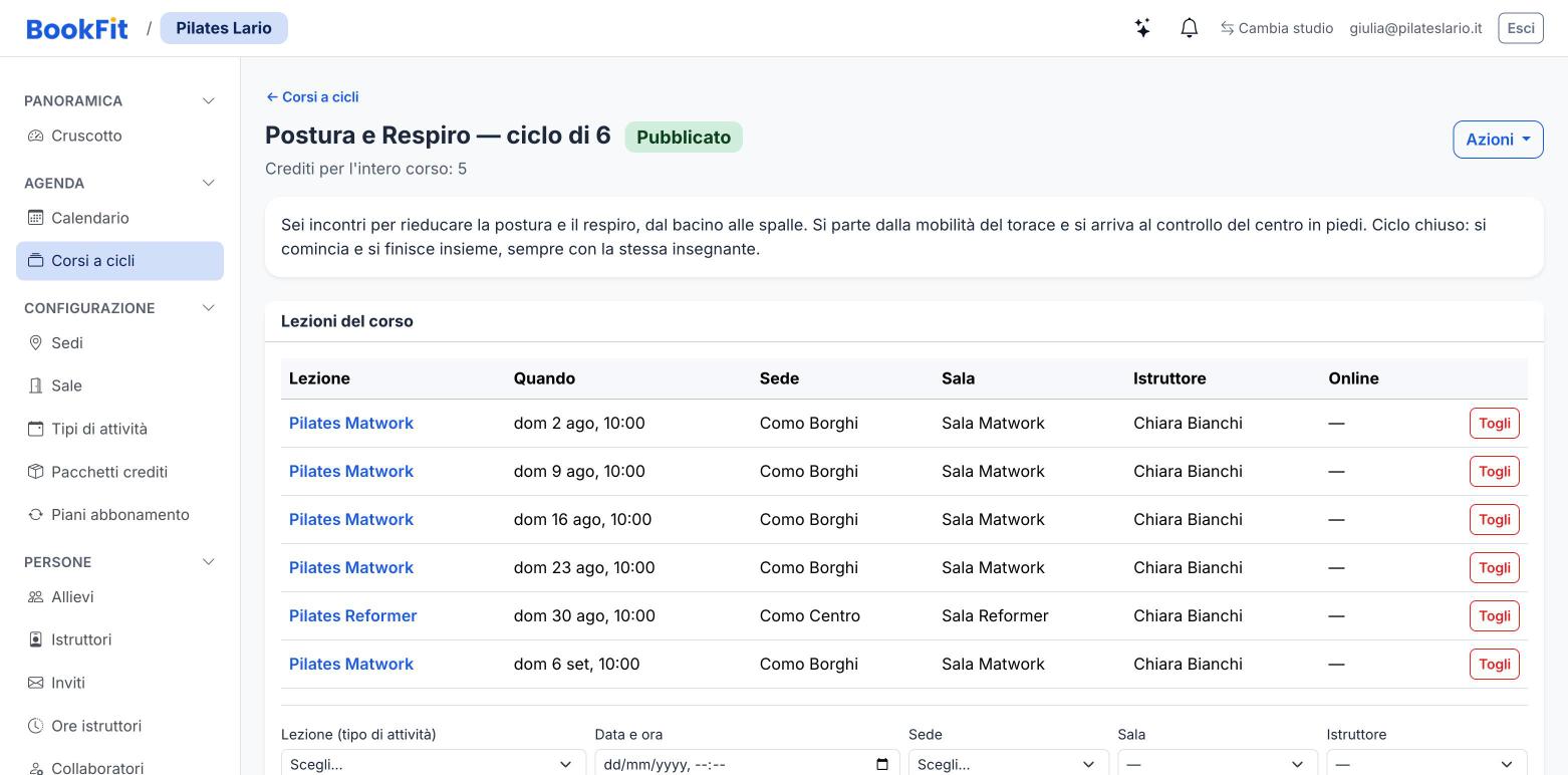 Editor di un corso a cicli: elenco delle lezioni con attività, data, sede, sala e istruttore